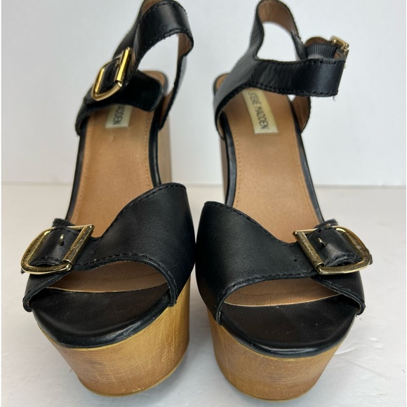 Steve Madden Womens Breeann Platform Wedge Peep Toe Sandal Black Sz 8 Leather - Picture 3 of 10